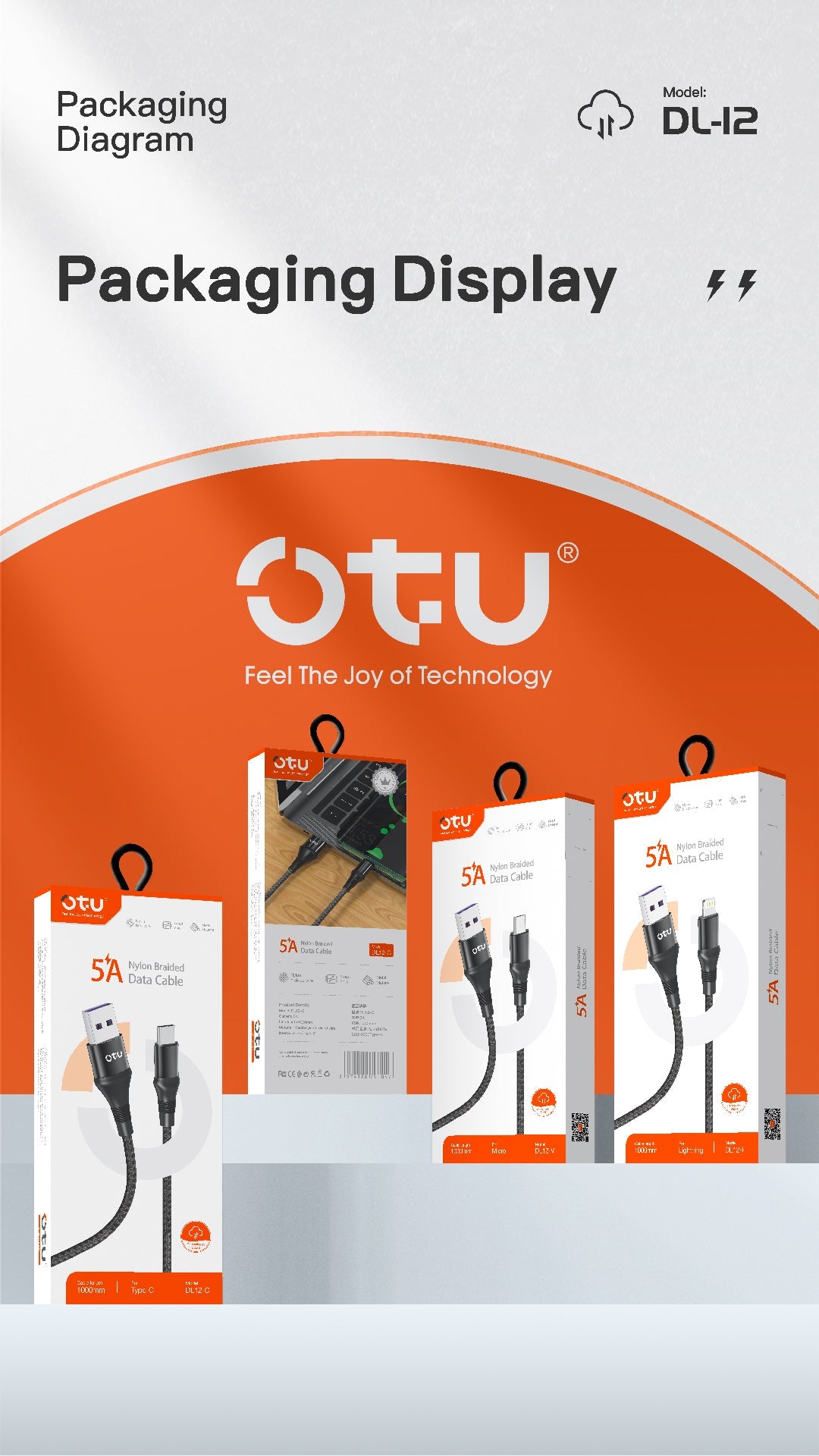 OTU DL12 5A Fast Charging Braided Nylon Data Cable with Triple Interchangeable Interfaces | 1M Length | Durable