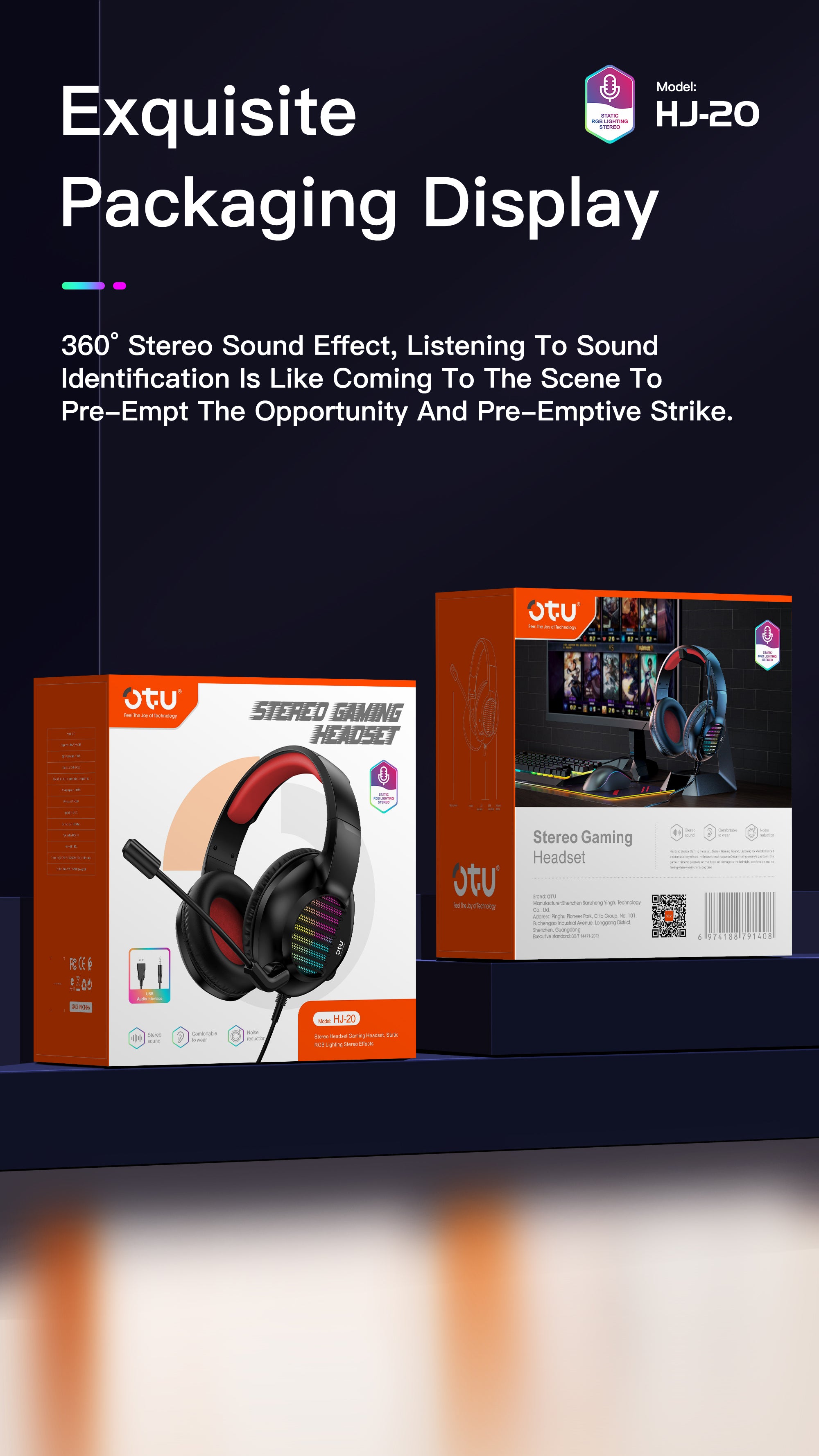 OTU HJ-20 Wired Gaming Headset - 360° Stereo Sound, Noise Cancelling Mic, RGB Lights for PC, PS4, Xbox