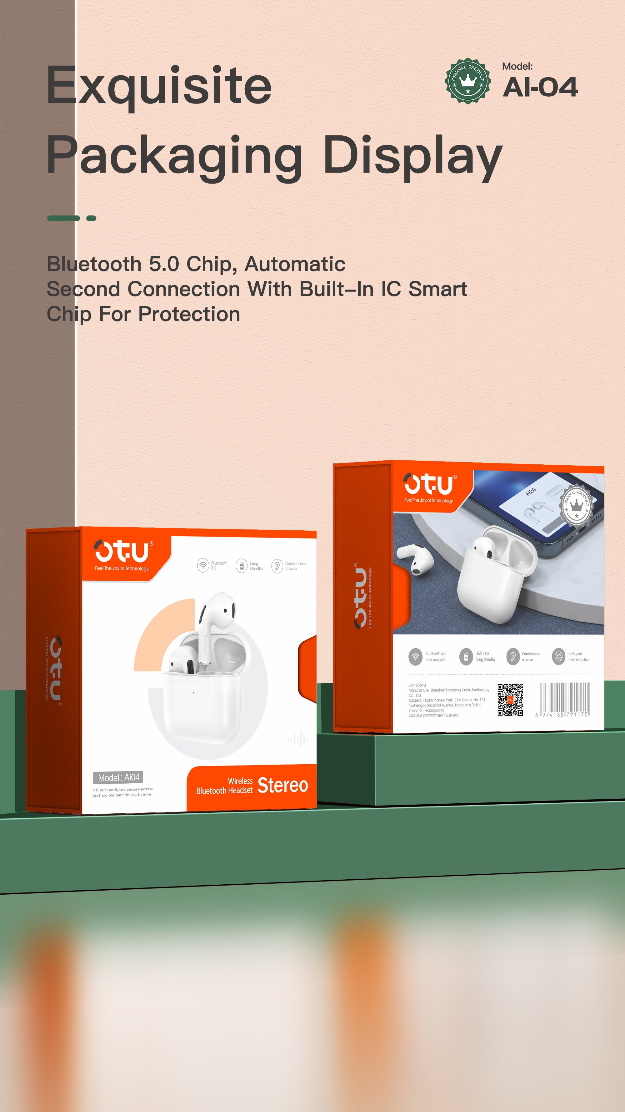 OTU AI-04 Wireless Earbuds - Bluetooth 5.0, 13mm Graphene Drivers, Hi-Fi Stereo Sound, 4H Call Time, Smart Noise Reduction