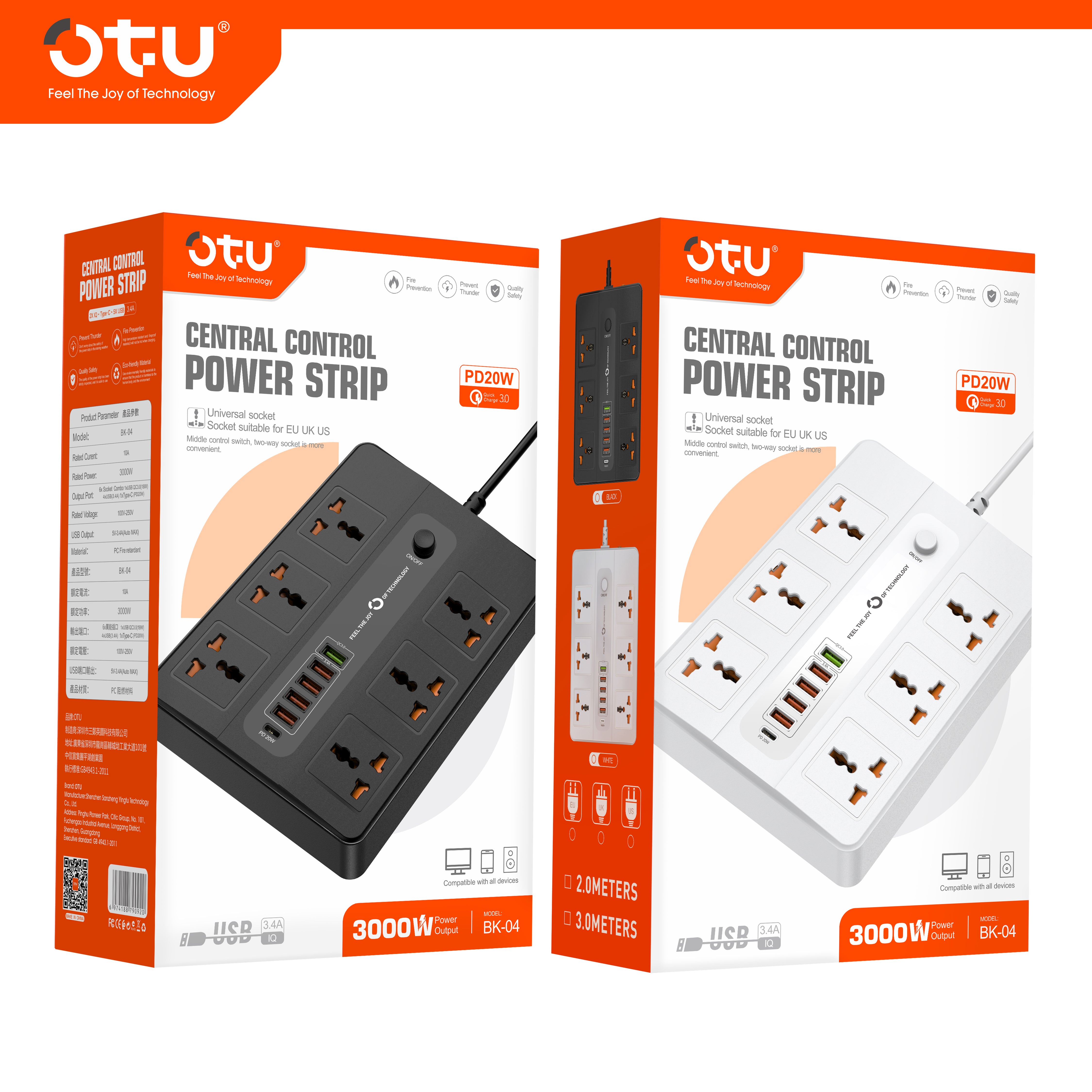 OTU BK04 Master Control Power Strip with 20W PD USB-C, Universal Outlets, Wide Spacing, 3000W for Desktop
