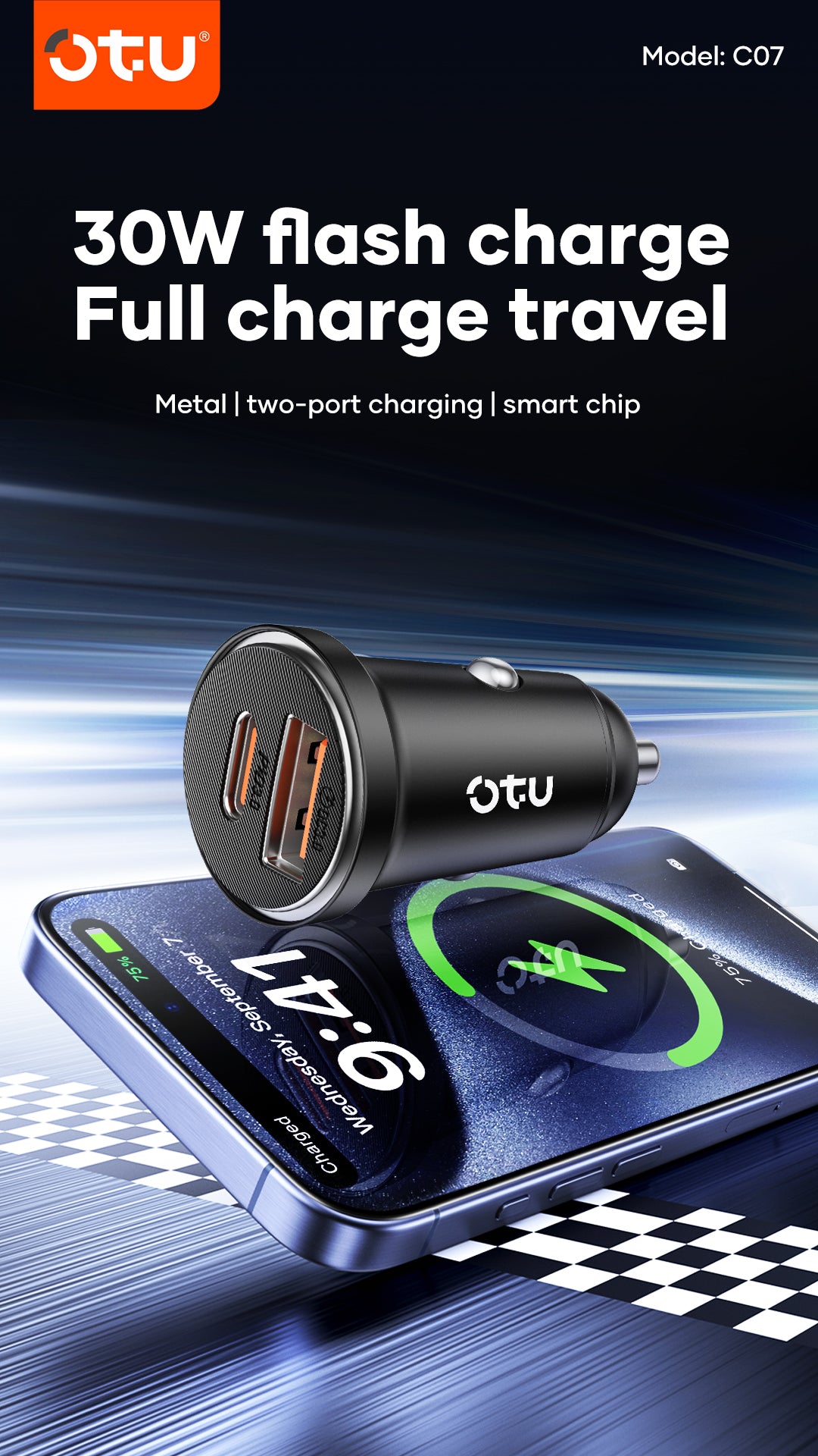 OTU CO7 30W Metal Car Charger – Dual Port USB C & USB A Fast Charger with Smart Chip for Cars & Trucks