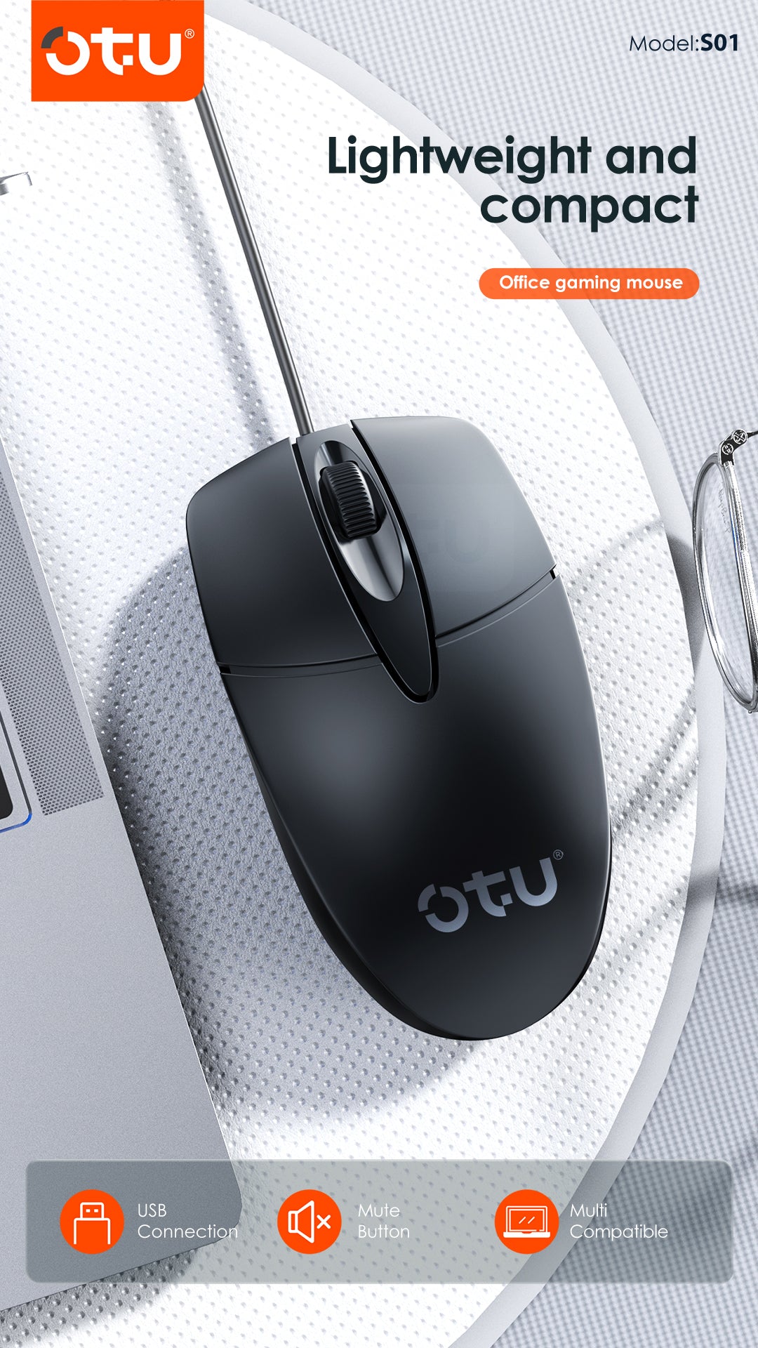 OTU S01 Ultra-Quiet USB Computer Mouse - Ergonomic, 8 Million Clicks, Plug & Play for PC, Mac, Laptop