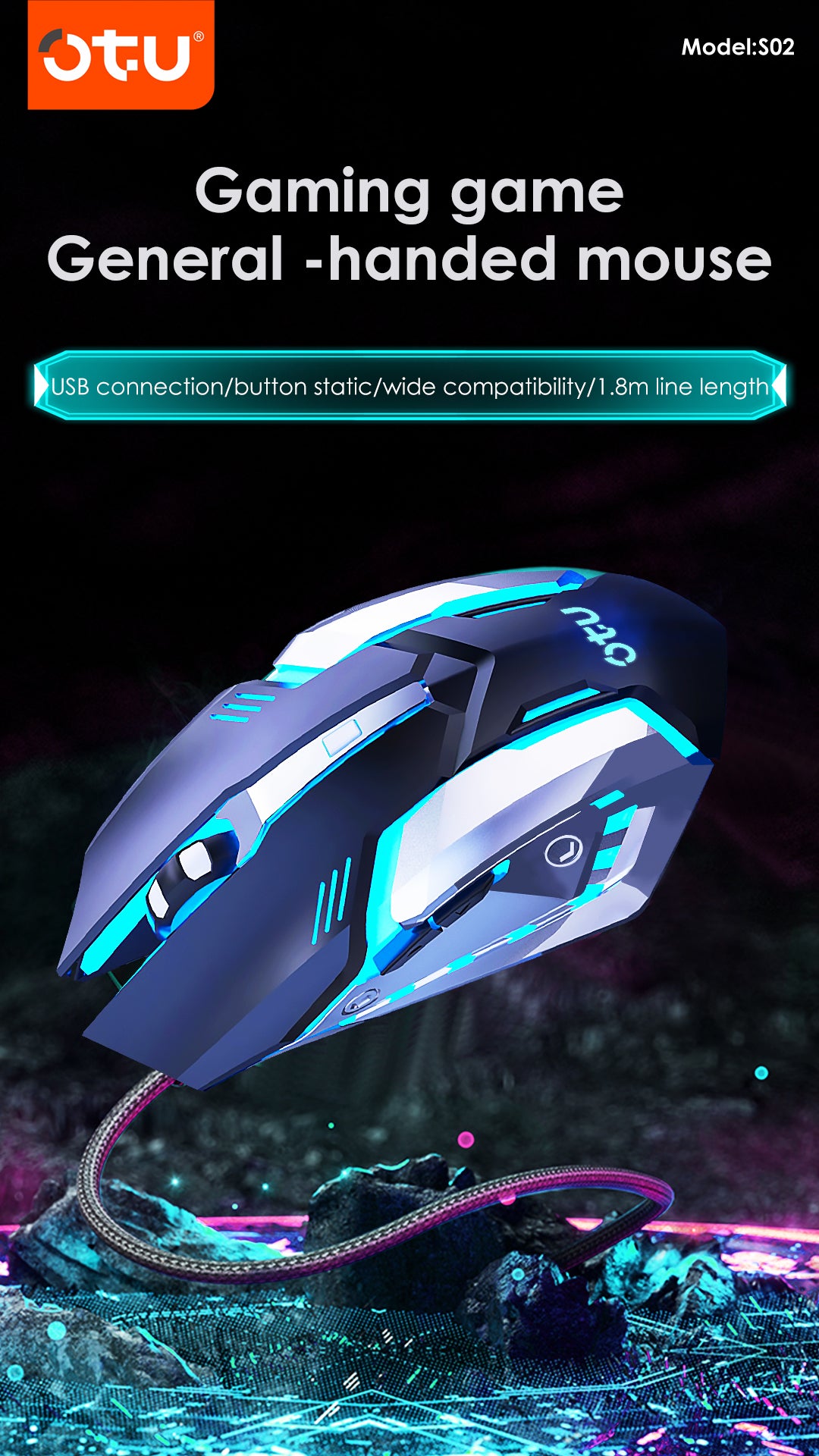 OTU S02 Wired Gaming Mouse – 7 Color RGB Breathing Light, 4 DPI Settings, Ergonomic, Silent Click