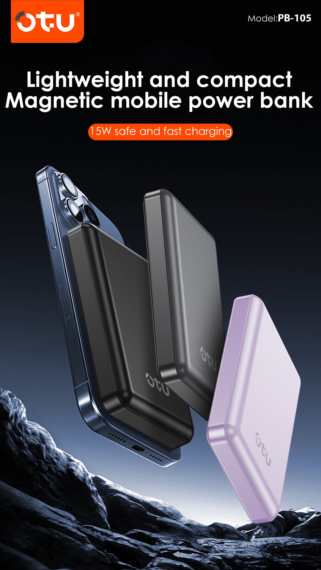 OTU PB105 power bank with cable, 22.5W fast charging, lanyard power bank,  compact power bank, iPhone charger, Android charger, Type-C power bank, travel charger, battery pack with display, slim power bank, emergency charger, mobile accessory
