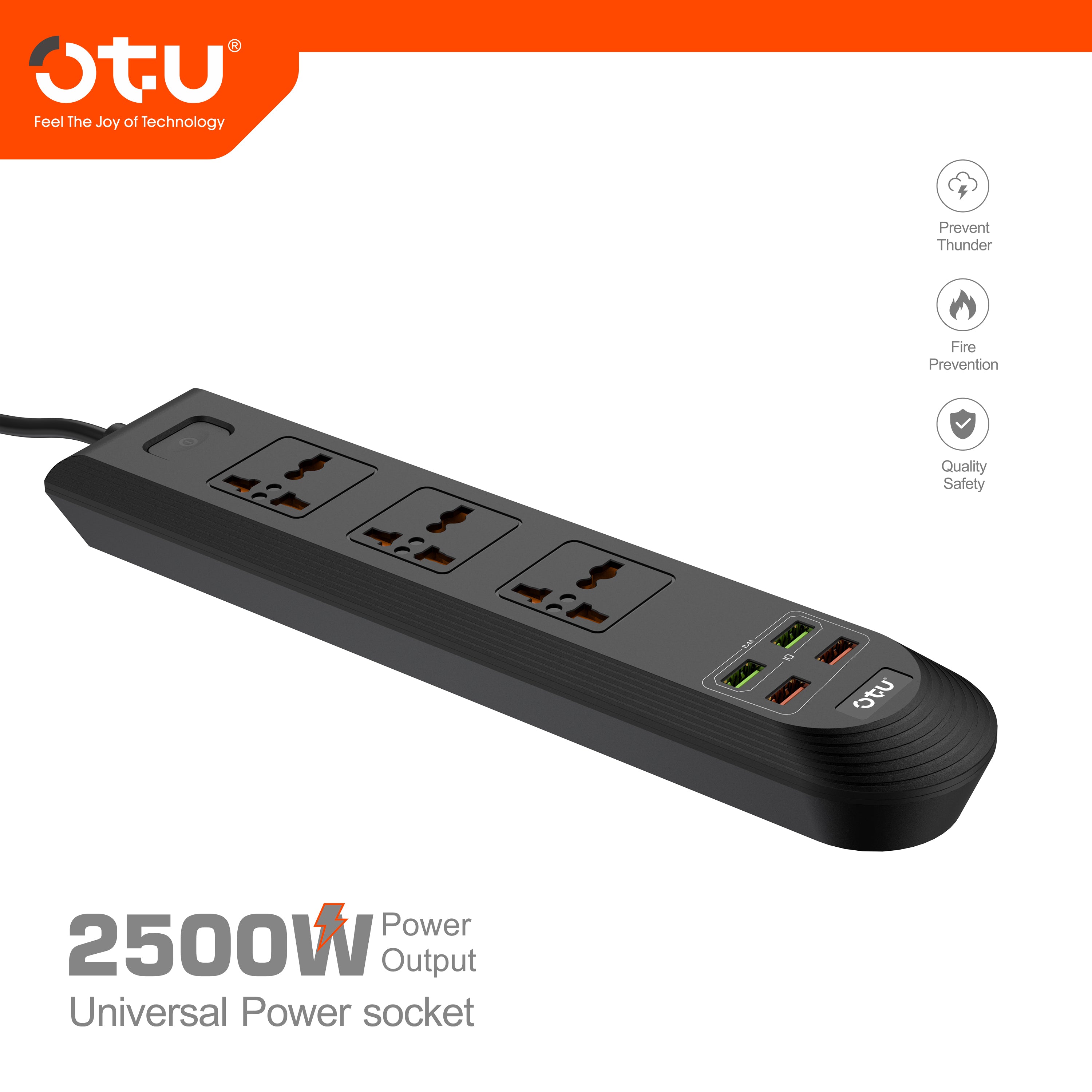 OTU BK01 Universal Power Strip with 4 USB Ports & 3 AC Outlets, 2500W Surge Protector for Home/Office