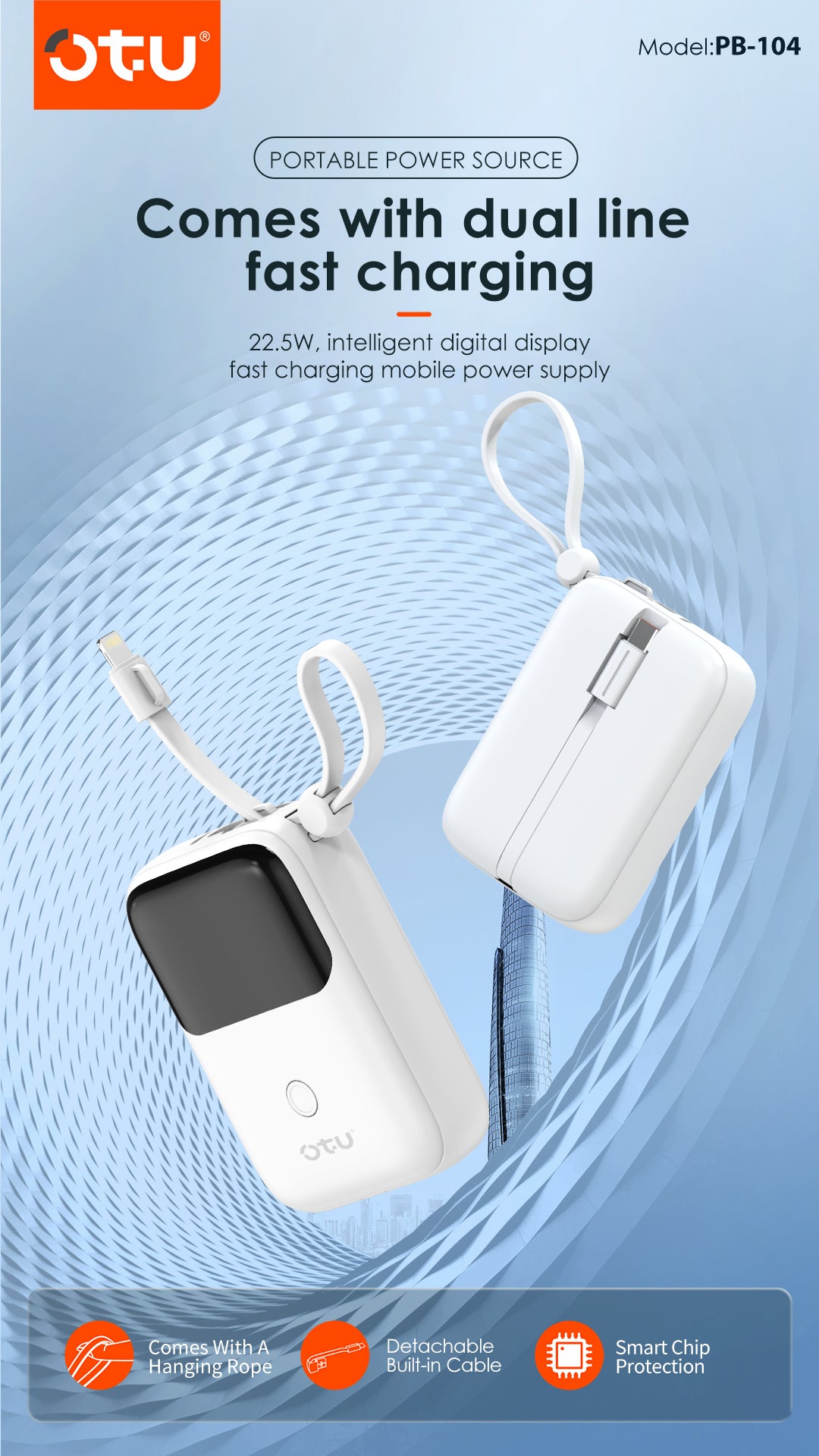 OTU PB104 10000mAh 22.5W Fast Charging Power Bank with Detachable Cables & Lanyard – Portable Charger with Type-C and Lightning Output