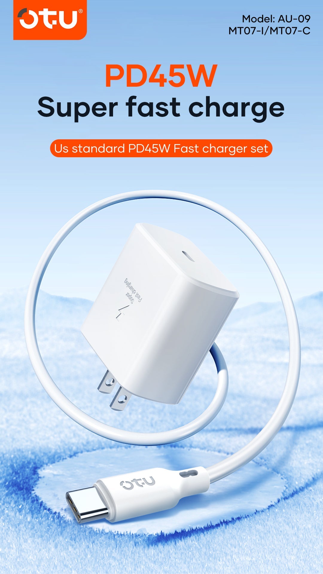 OTU AU09 45W PD Fast Charger Wall Plug - USB-C Power Adapter Block for iPhone 15/14/13, Samsung Galaxy, iPad, Huawei, Xiaomi & More | Super Fast Charging with TPE Cable Included