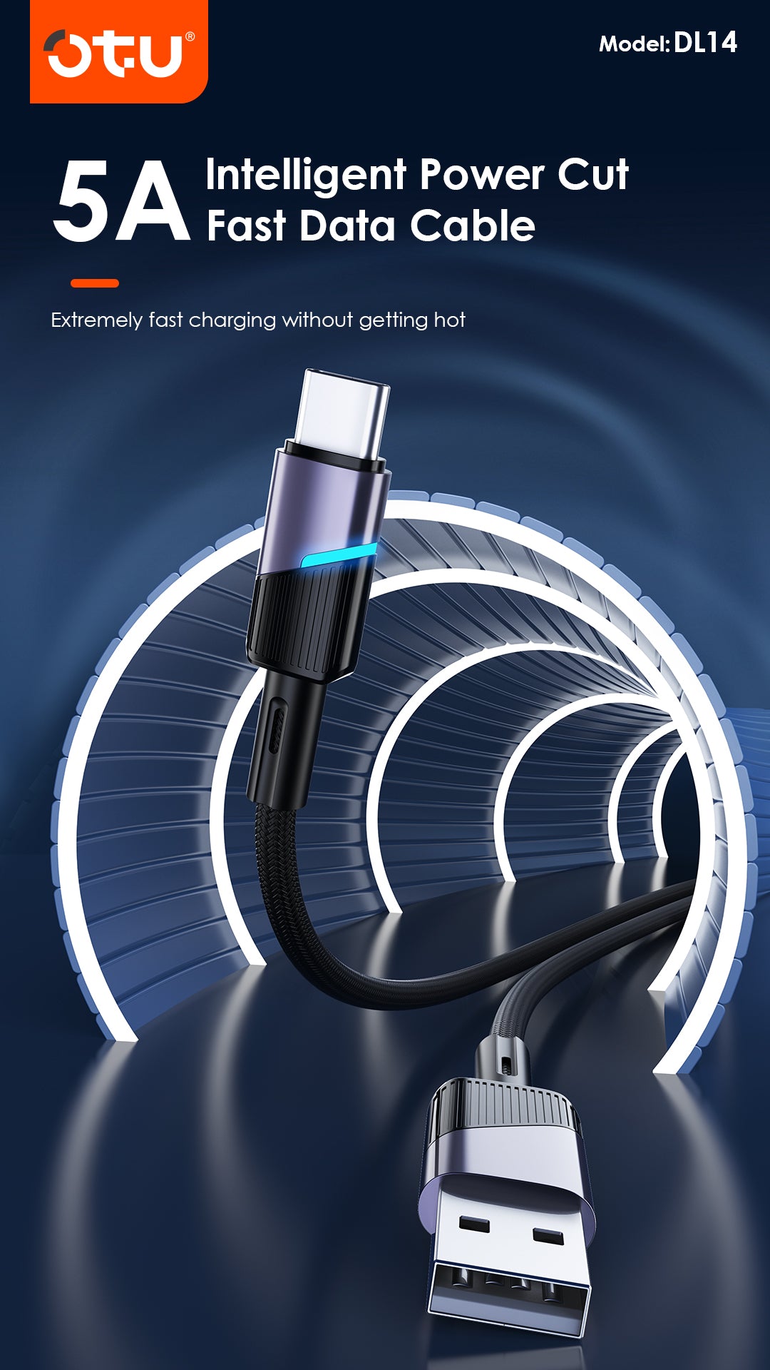 OTU DL14 5A Fast Charging Cable with Smart Chip - Safe & Durable Braided USB Cable for Quick Charge and Data Transfer