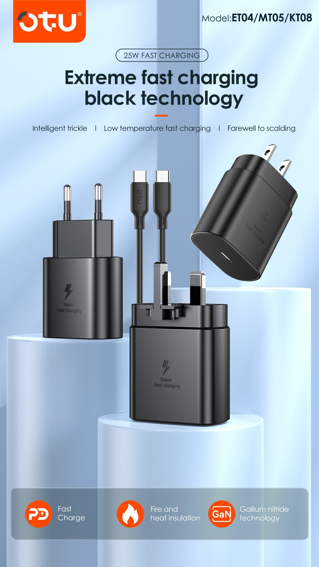 OTU MT05 25W GaN Fast Charger with PD & QC 4.0 – Ultra Compact Power Adapter for iPhone, Samsung, Huawei | 3X Faster Charging
