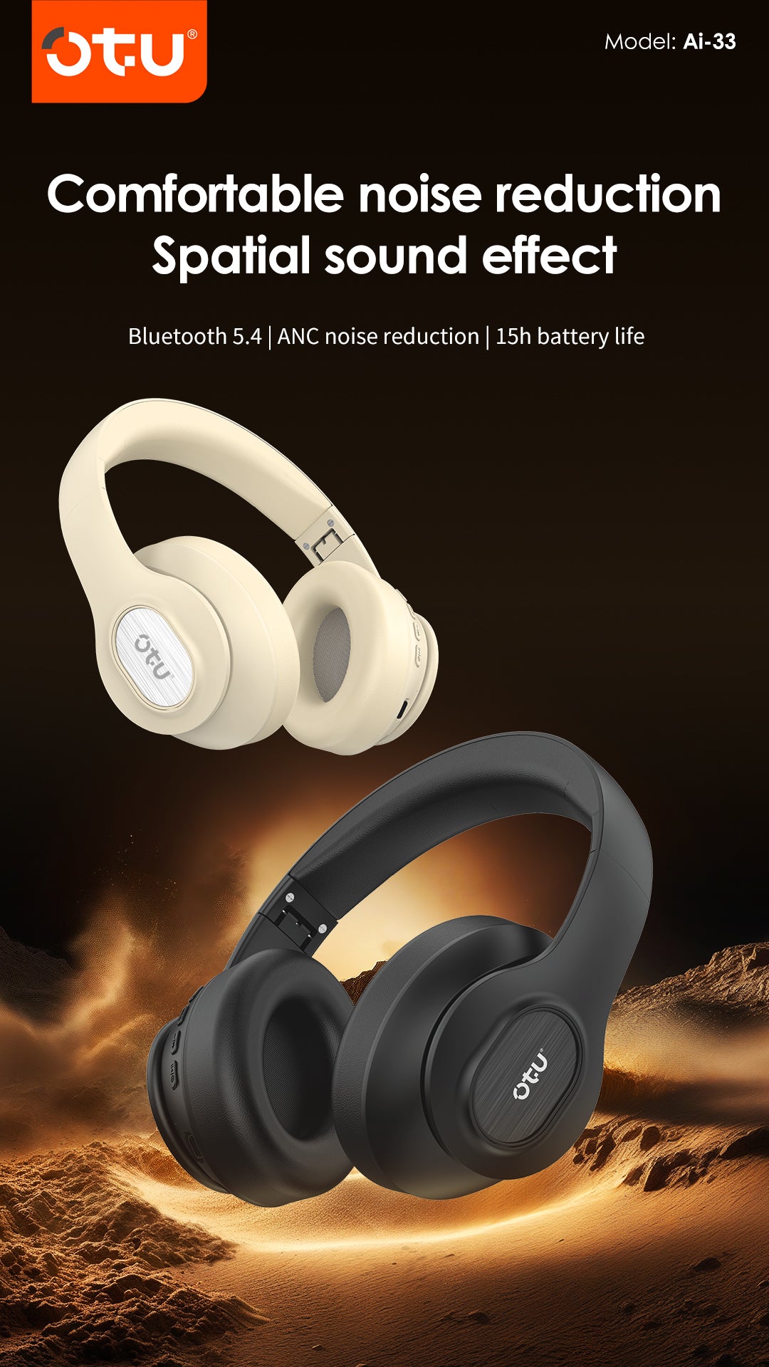 OTU Ai-33 ANC Wireless Headphones - 50H Battery, Active Noise Cancelling, Bluetooth 5.4, Foldable, Hi-Fi Sound