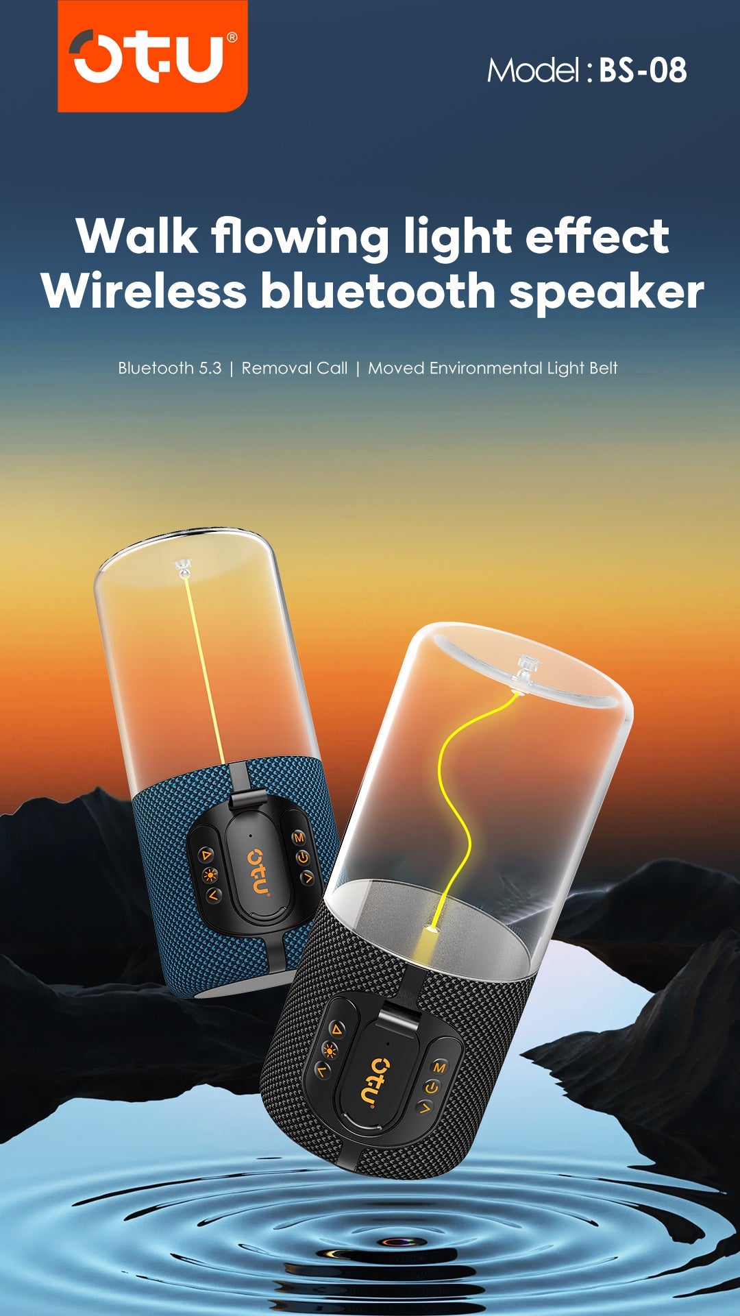 OTU BS-08 Bluetooth Speaker with Flowing LED Lights, 360° Stereo Sound, 10H Playtime, Bluetooth 5.3, Portable Wireless Speaker for iPhone/Android