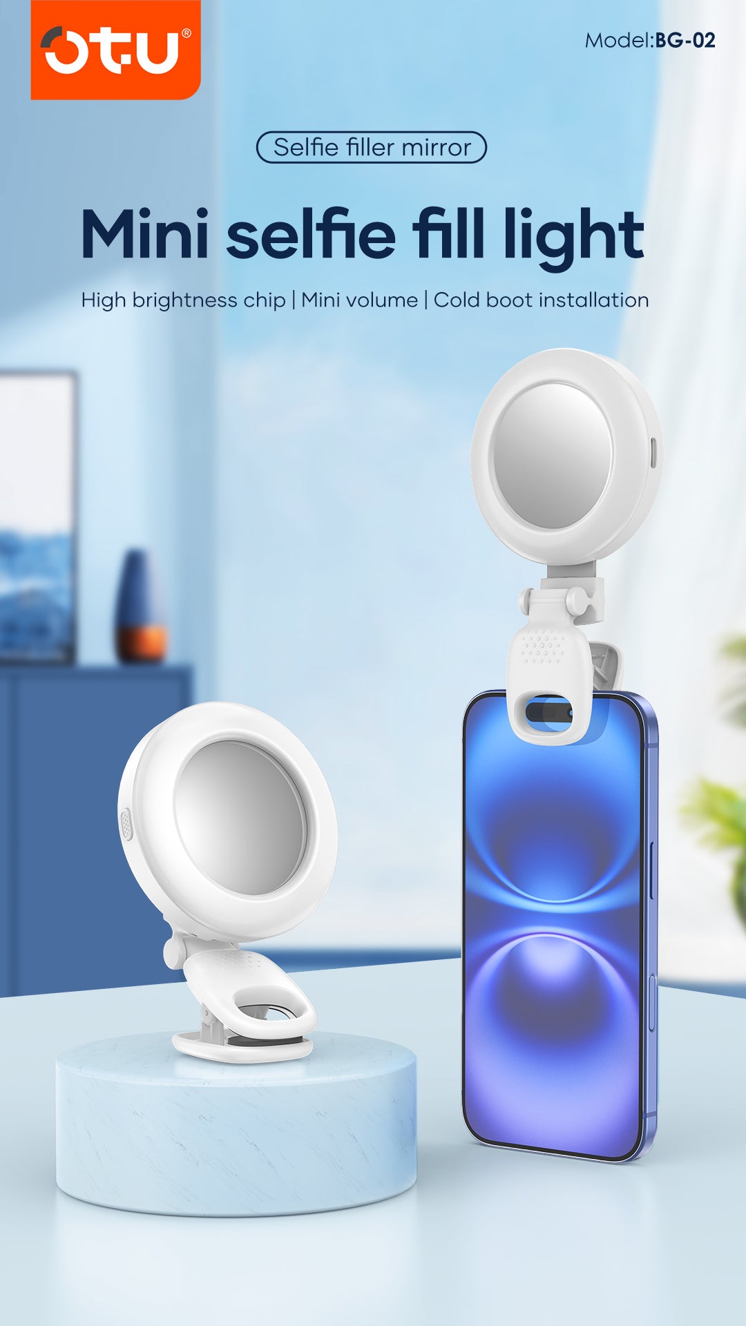 OTU BG02 2-in-1 Selfie Ring Light with Mirror - 49 LED Phone Fill Light, Adjustable Brightness & Color Temperature, Type-C Charging