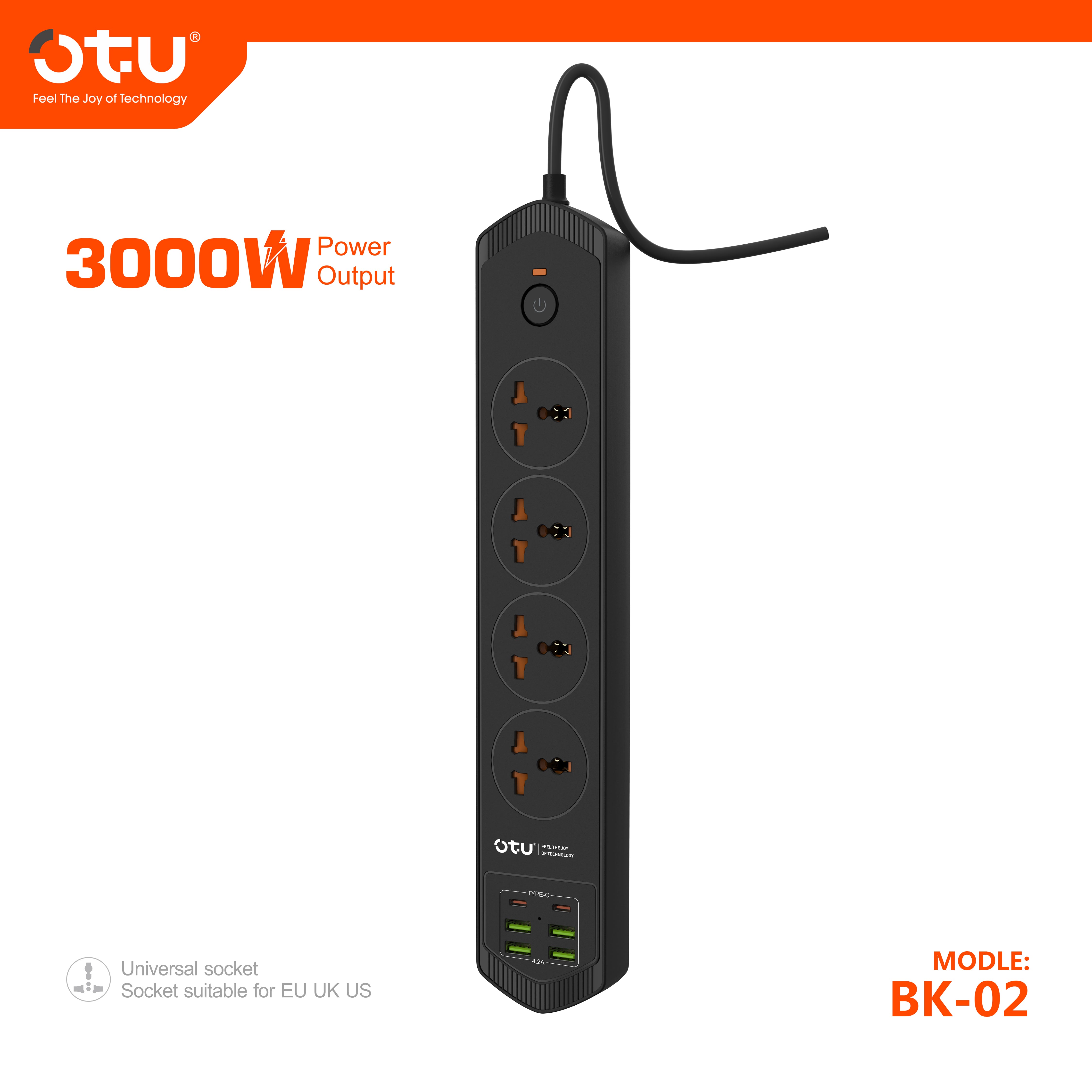 OTU BK02 3000W Power Strip with 2 USB-C PD Ports & 4 USB Ports, Universal International Outlet Travel Adapter