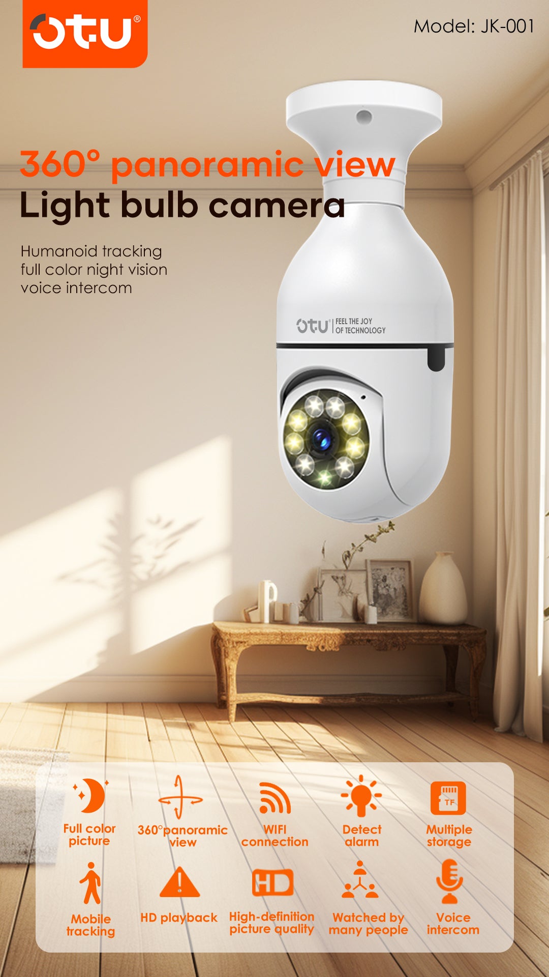 OTU JK001 Smart Indoor Security Camera with AI Human Detection, 2-Way Audio & Alarm Siren