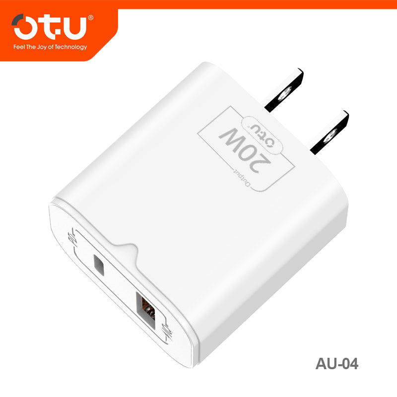 OTU AU04 Dual Port Fast Charger - 20W PD & QC3.0 Smart Charger with Fireproof Design for iPhone, Huawei, and More (Model: AU-04/EU-11)