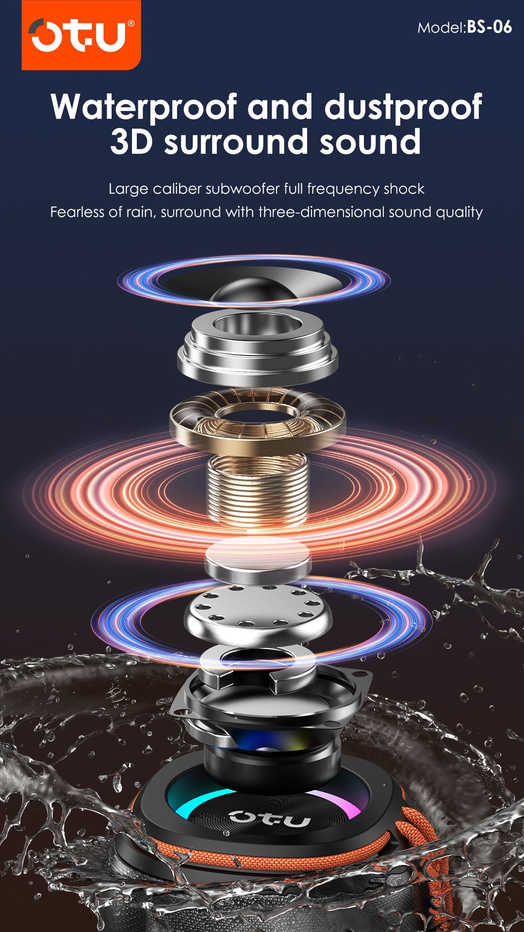 OTU BS-06 Portable Bluetooth Speaker: 25H Playtime, IPX5 Waterproof, 3D Surround Sound, Bluetooth 5.3 for iOS Android