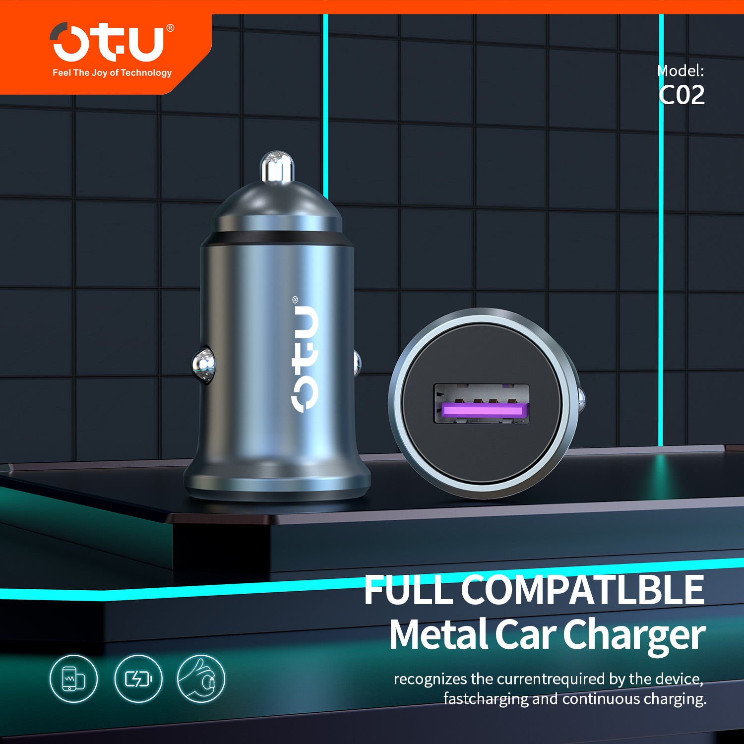 OTU C02 Mini Metal Car Charger with Smart Adaptive Fast Charging – 12V-24V Wide Voltage for Cars, Trucks & SUVs