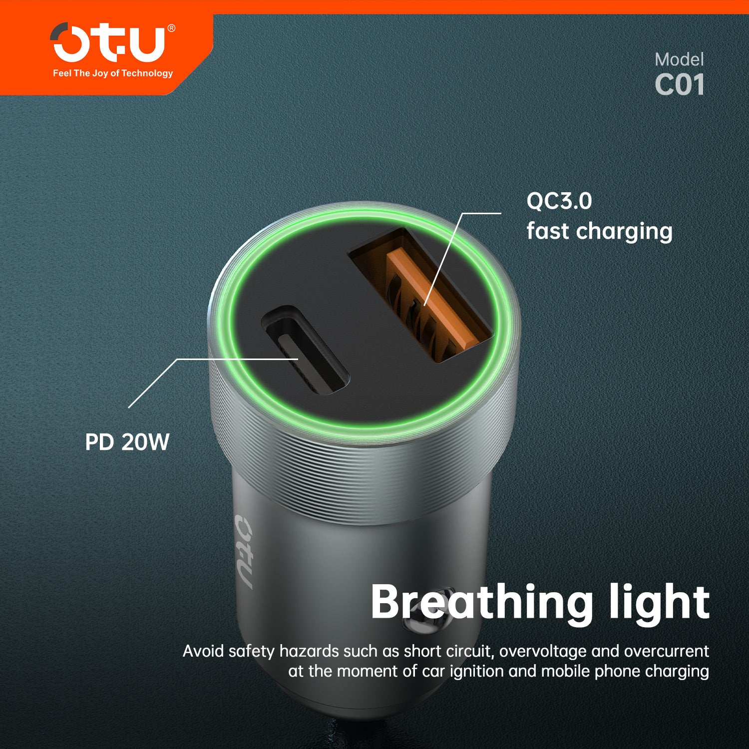 OTU C01 Metal Car Charger with QC3.0 & PD 20W Fast Charging – Safe and Durable Alloy Design