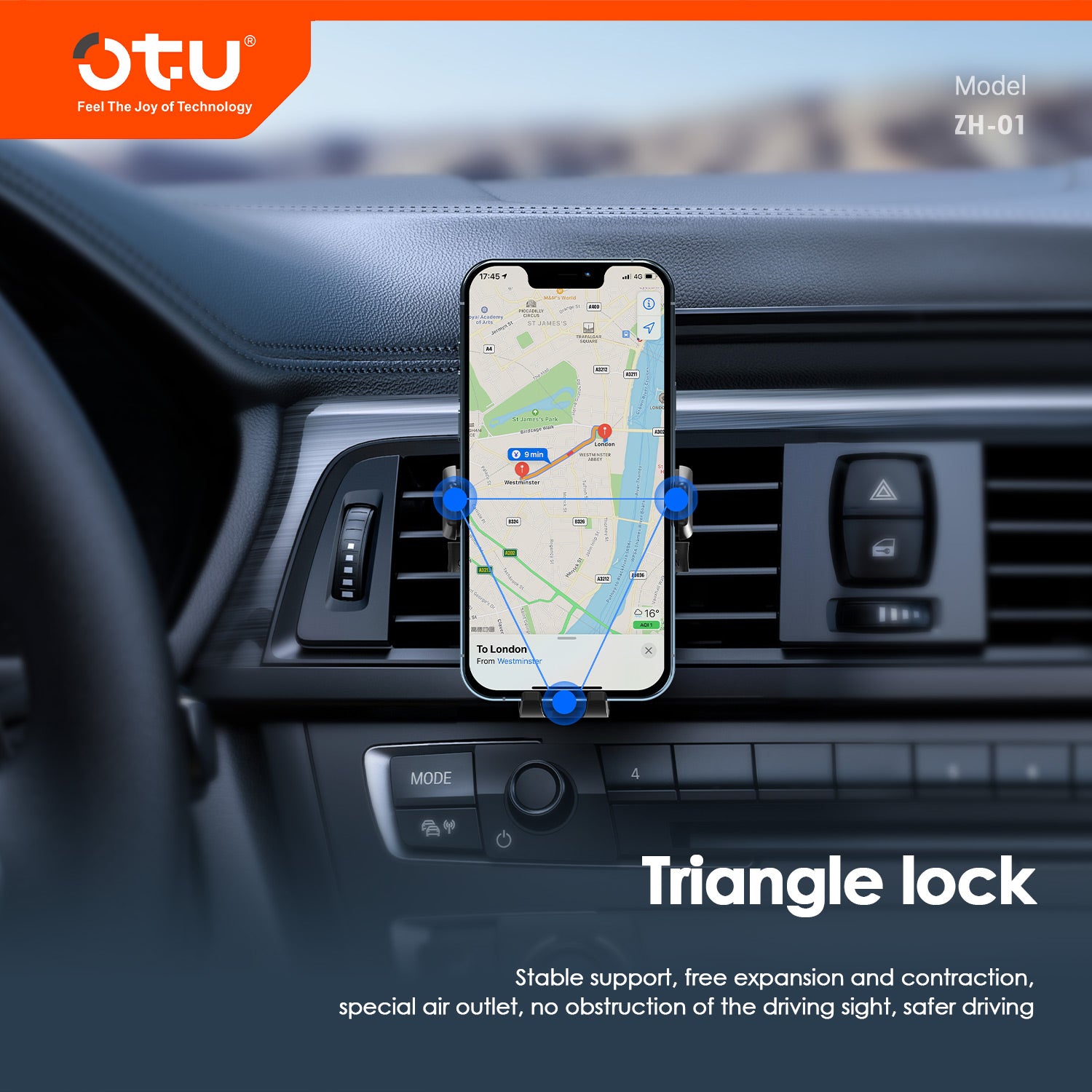 OTU ZH01 Automatic Locking 360° Adjustable Car Phone Mount – Vent Clip Holder with Strong Grip, Charging Port Access