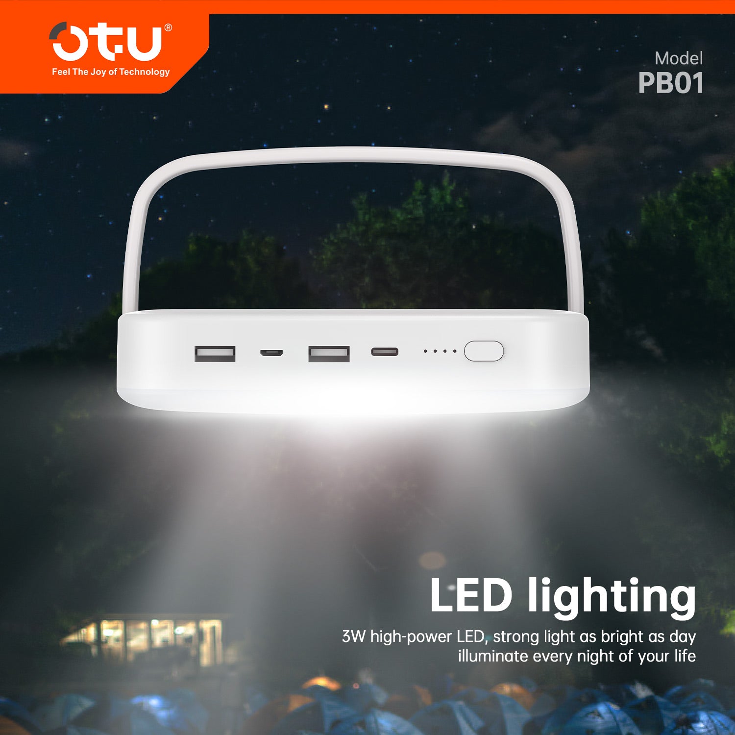 OTU PB01 Outdoor Portable Power Bank with 5W LED Light – Dual Input/Output, Large Capacity for Camping, Emergencies, and Outdoor Use