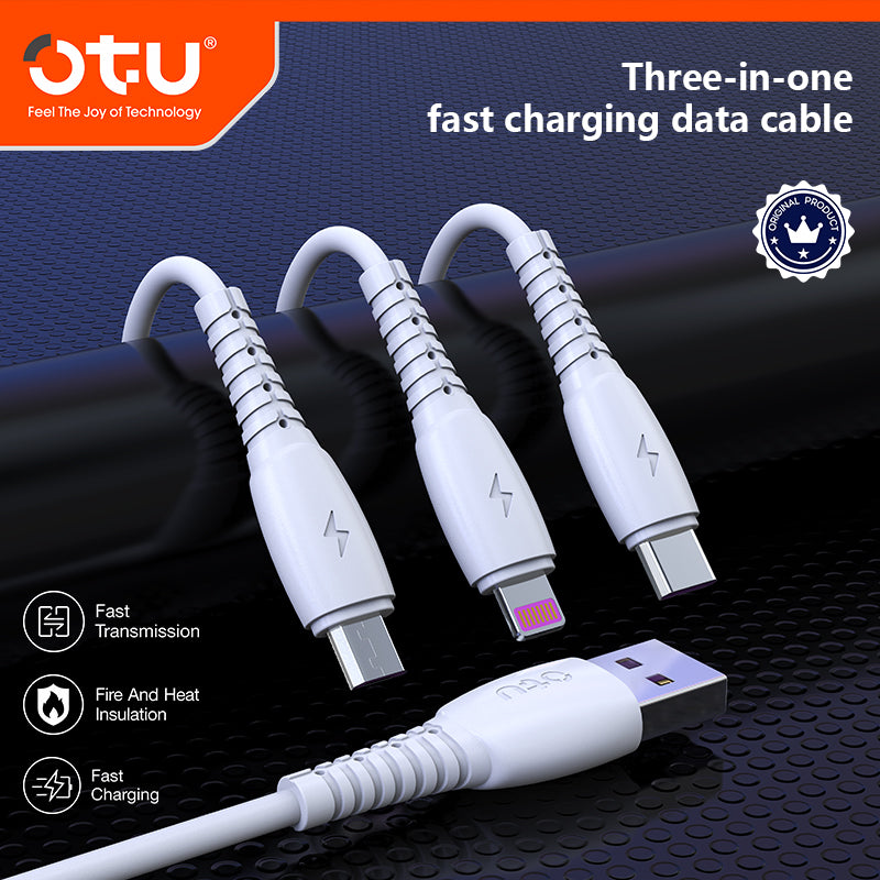 OTU DL06 3-in-1 Fast Charging Cable | Triple Head Simultaneous Charging for iPhone & Android | 3A Braided Multi Device Cable