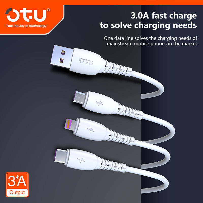 OTU DL06 3-in-1 Fast Charging Cable | Triple Head Simultaneous Charging for iPhone & Android | 3A Braided Multi Device Cable