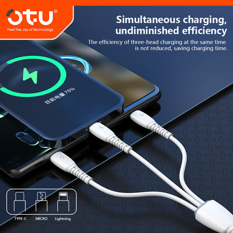 OTU DL06 3-in-1 Fast Charging Cable | Triple Head Simultaneous Charging for iPhone & Android | 3A Braided Multi Device Cable