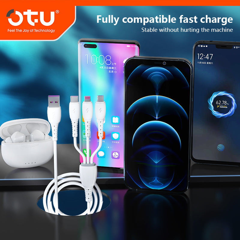 OTU DL06 3-in-1 Fast Charging Cable | Triple Head Simultaneous Charging for iPhone & Android | 3A Braided Multi Device Cable