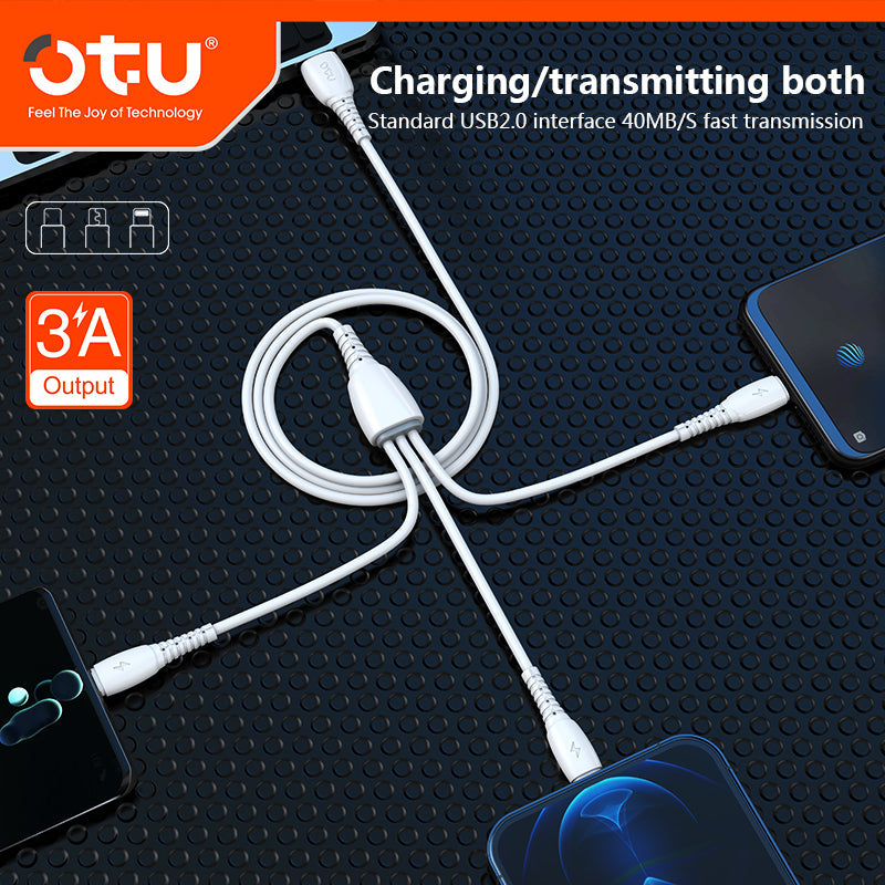 OTU DL06 3-in-1 Fast Charging Cable | Triple Head Simultaneous Charging for iPhone & Android | 3A Braided Multi Device Cable