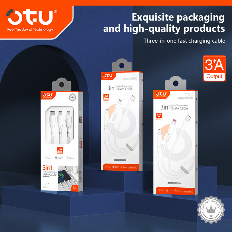 OTU DL06 3-in-1 Fast Charging Cable | Triple Head Simultaneous Charging for iPhone & Android | 3A Braided Multi Device Cable