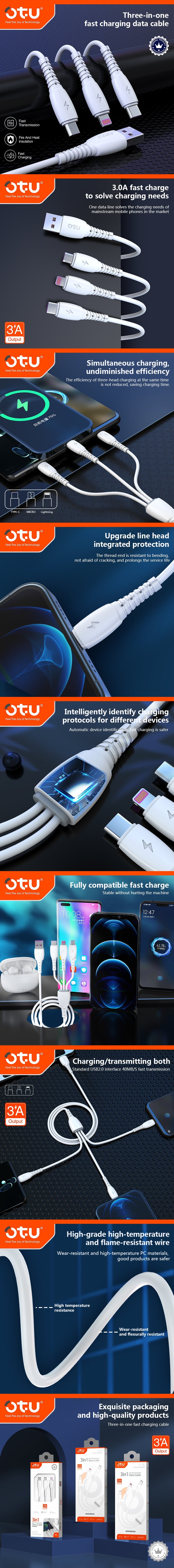 OTU DL06 3-in-1 Fast Charging Cable | Triple Head Simultaneous Charging for iPhone & Android | 3A Braided Multi Device Cable