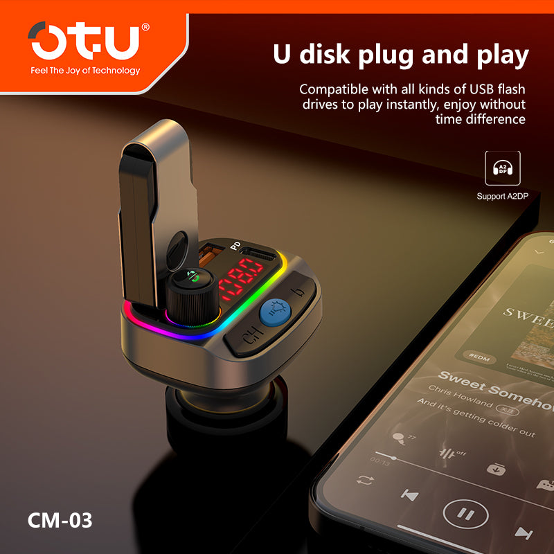 OTU CM03 Car Bluetooth FM Transmitter with 20W PD Fast Charging & Colorful Lights – MP3 Player, Hands-Free Call, Voltage Monitor