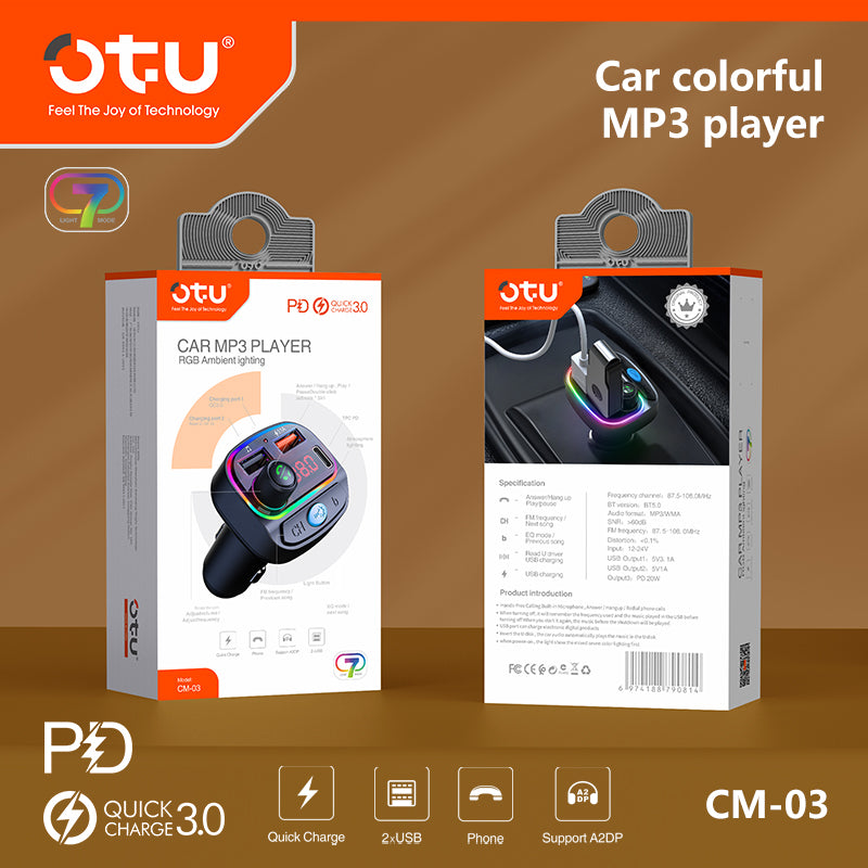 OTU CM03 Car Bluetooth FM Transmitter with 20W PD Fast Charging & Colorful Lights – MP3 Player, Hands-Free Call, Voltage Monitor