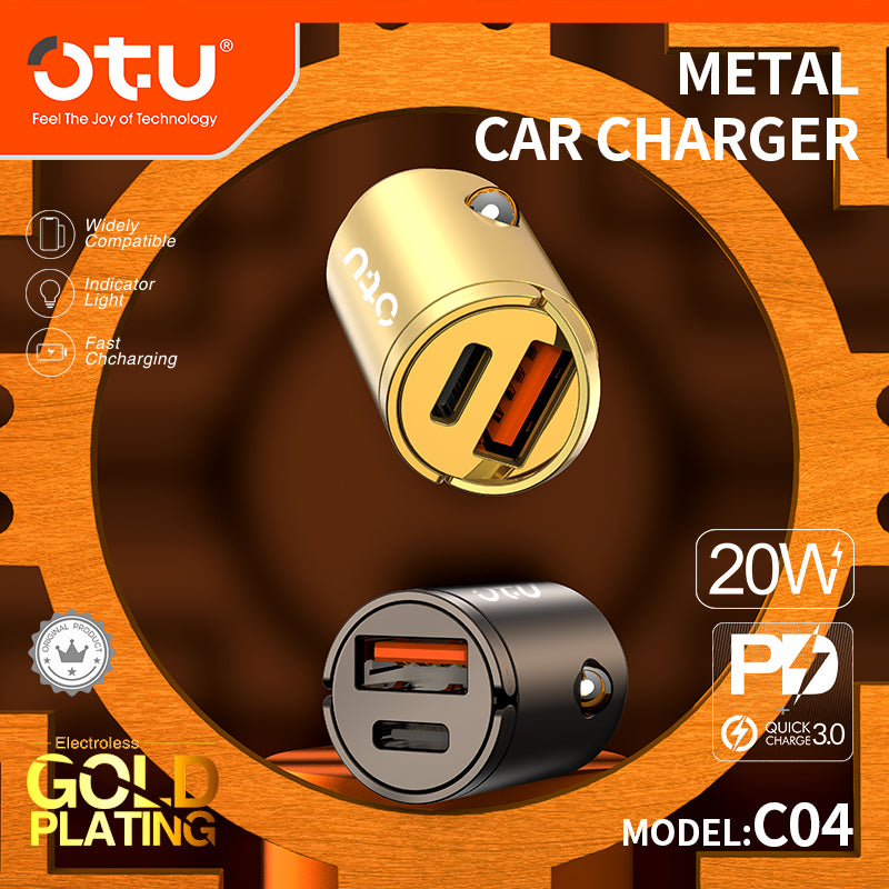 OTU C04 PD & QC3.0 Metal Car Charger – 20W Dual Port Fast Charger with Premium Gold & Space Black Design