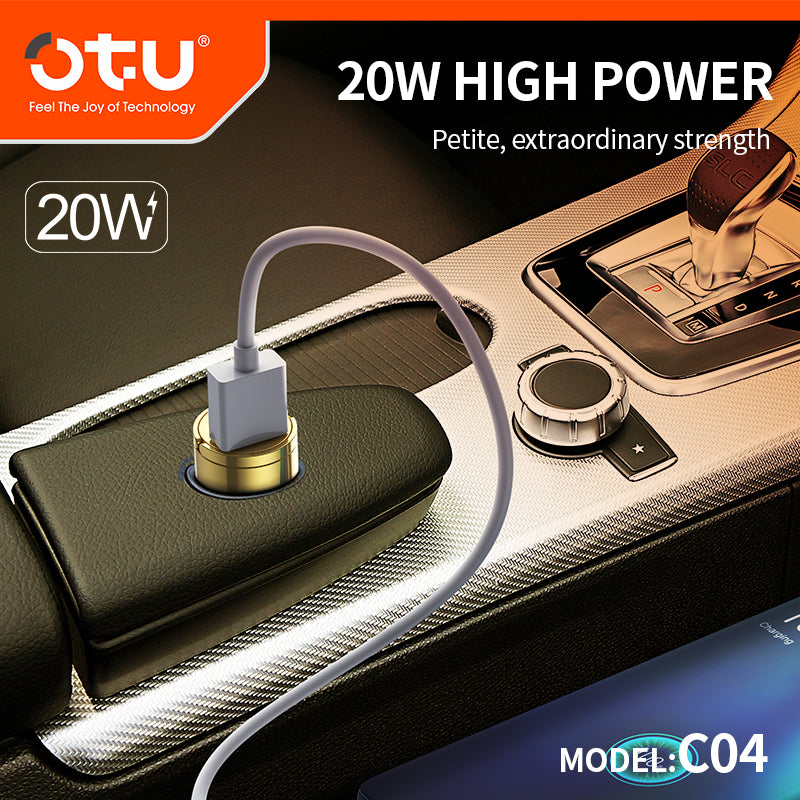 OTU C04 PD & QC3.0 Metal Car Charger – 20W Dual Port Fast Charger with Premium Gold & Space Black Design