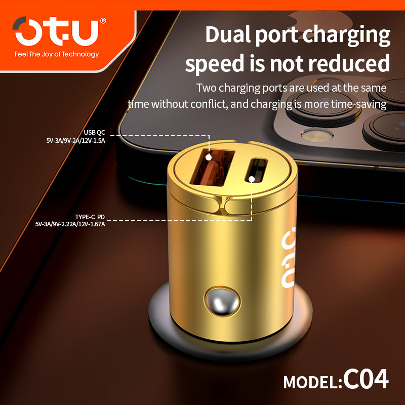 OTU C04 PD & QC3.0 Metal Car Charger – 20W Dual Port Fast Charger with Premium Gold & Space Black Design