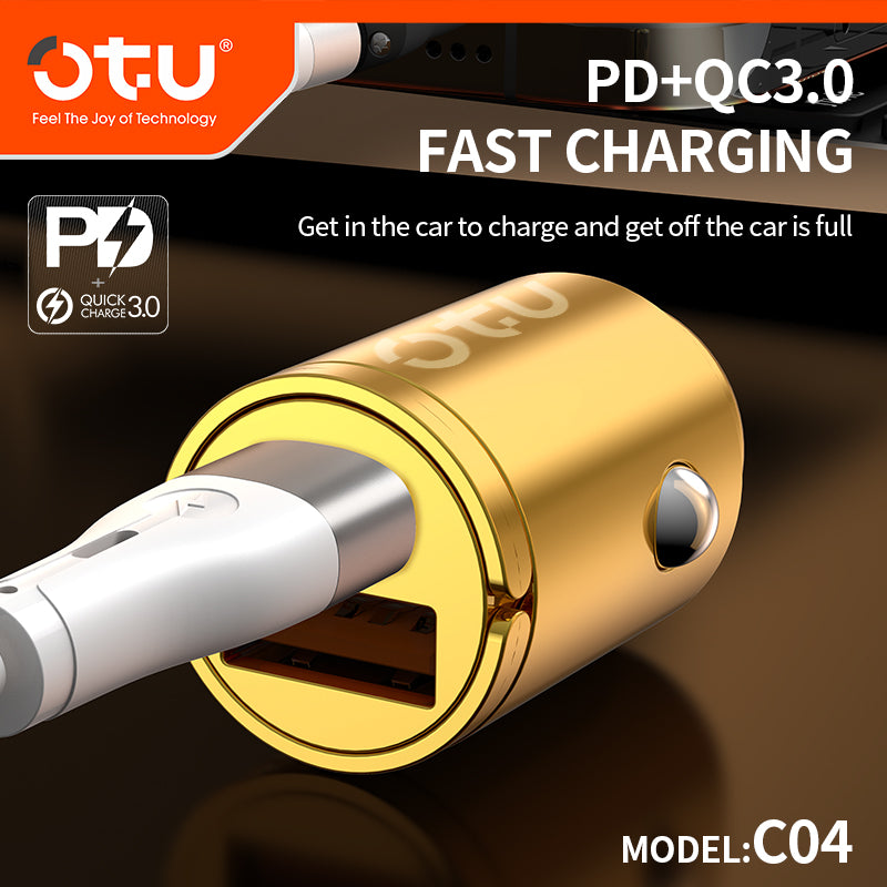OTU C04 PD & QC3.0 Metal Car Charger – 20W Dual Port Fast Charger with Premium Gold & Space Black Design