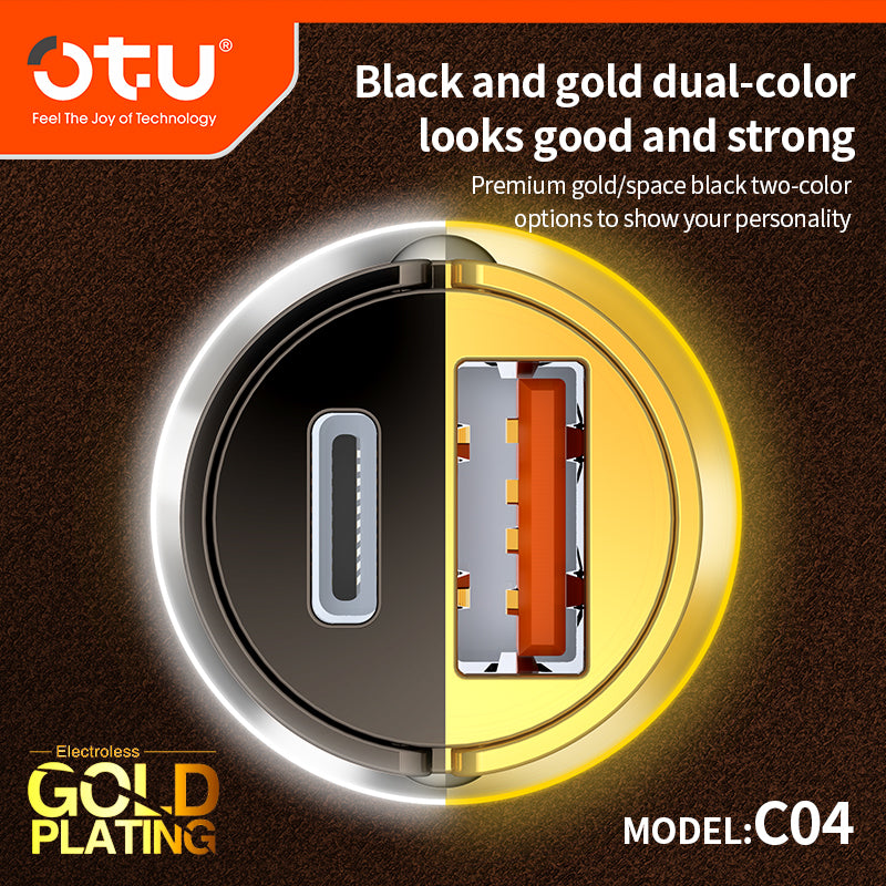 OTU C04 PD & QC3.0 Metal Car Charger – 20W Dual Port Fast Charger with Premium Gold & Space Black Design