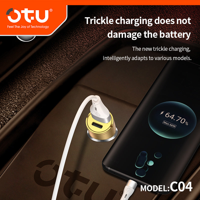 OTU C04 PD & QC3.0 Metal Car Charger – 20W Dual Port Fast Charger with Premium Gold & Space Black Design