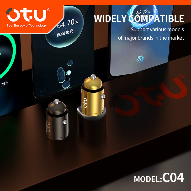 OTU C04 PD & QC3.0 Metal Car Charger – 20W Dual Port Fast Charger with Premium Gold & Space Black Design