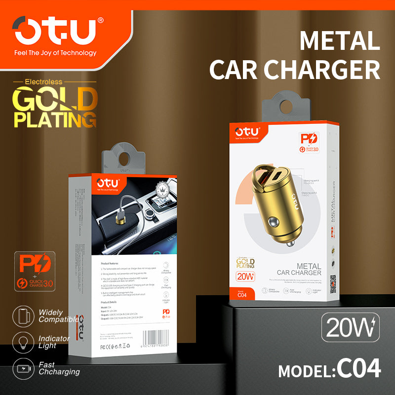 OTU C04 PD & QC3.0 Metal Car Charger – 20W Dual Port Fast Charger with Premium Gold & Space Black Design