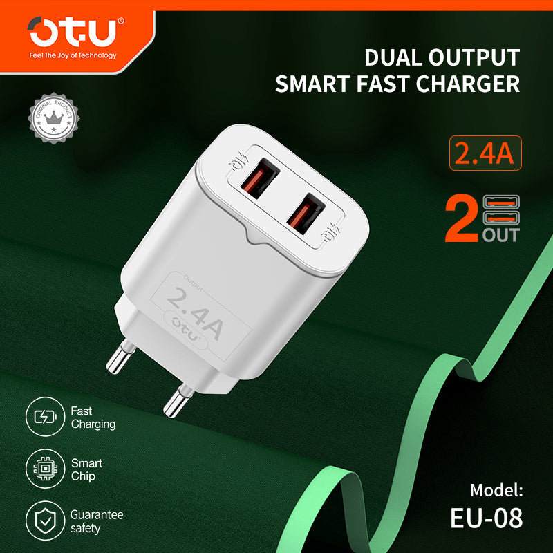 OTU AU01 2.4A Dual Port Smart Fast Charger β Quick Charge with Safety Protection for iPhone & Android Devices
