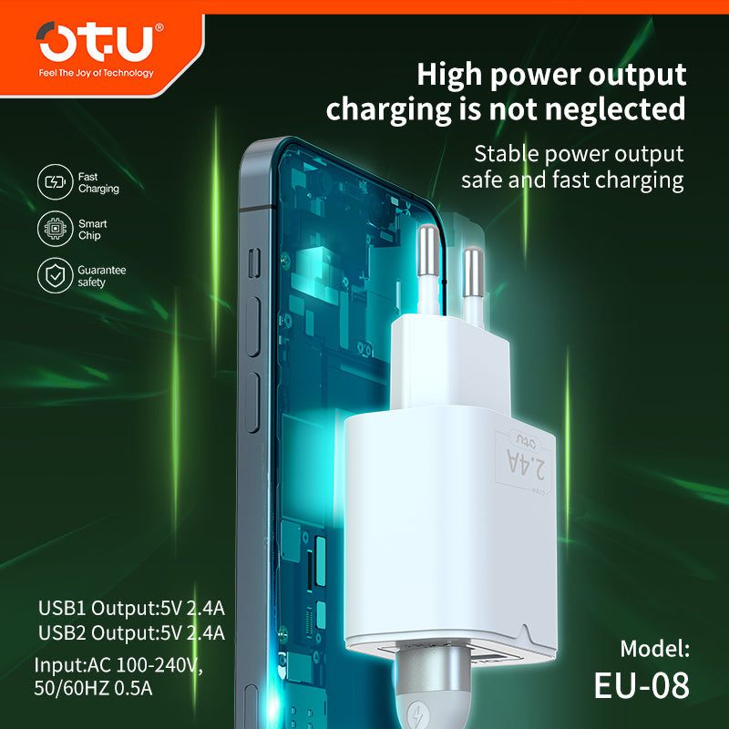 OTU AU01 2.4A Dual Port Smart Fast Charger β Quick Charge with Safety Protection for iPhone & Android Devices
