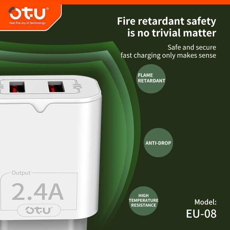 OTU AU01 2.4A Dual Port Smart Fast Charger β Quick Charge with Safety Protection for iPhone & Android Devices