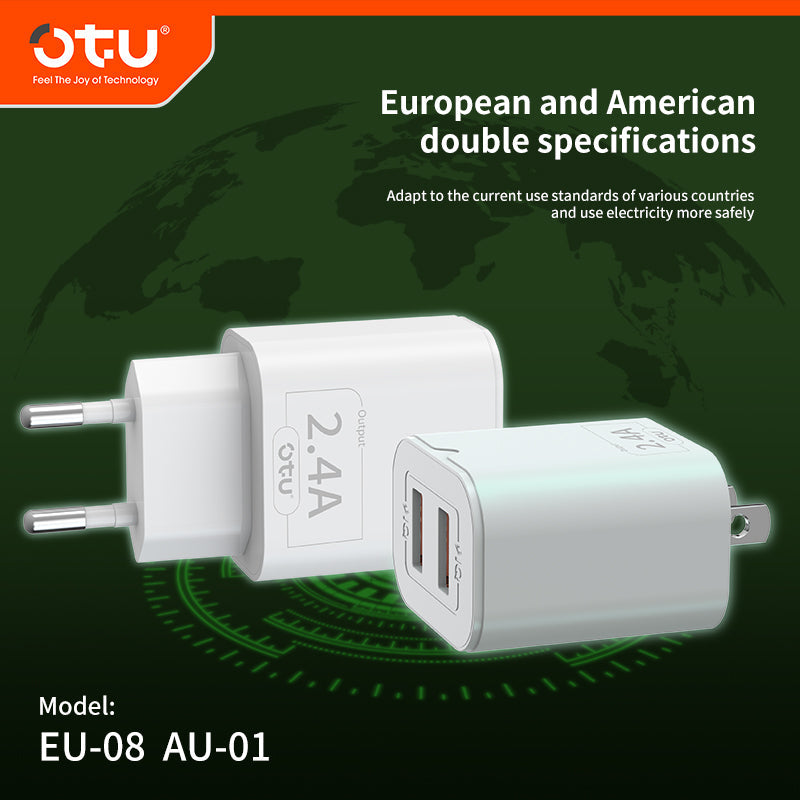 OTU AU01 2.4A Dual Port Smart Fast Charger – Quick Charge with Safety Protection for iPhone & Android Devices