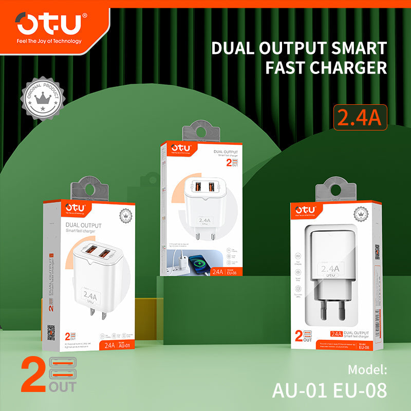 OTU AU01 2.4A Dual Port Smart Fast Charger β Quick Charge with Safety Protection for iPhone & Android Devices