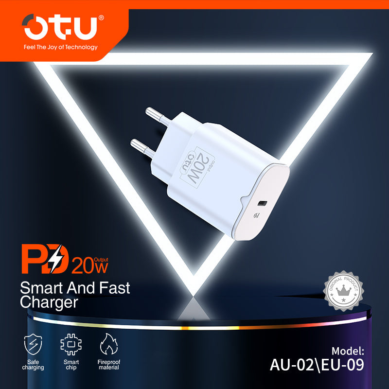 OTU AU02 20W Single-Port USB-C Fast Wall Charger with US/EU Plug — Safe & Compact PD Charger for iPhone & Android