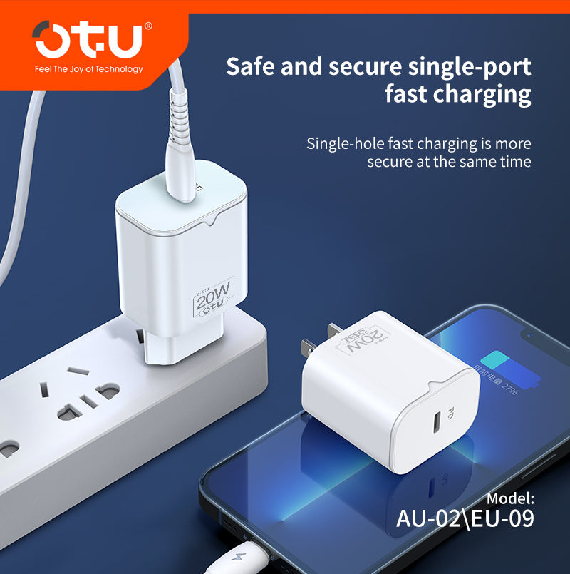 OTU AU02 20W Single-Port USB-C Fast Wall Charger with US/EU Plug — Safe & Compact PD Charger for iPhone & Android