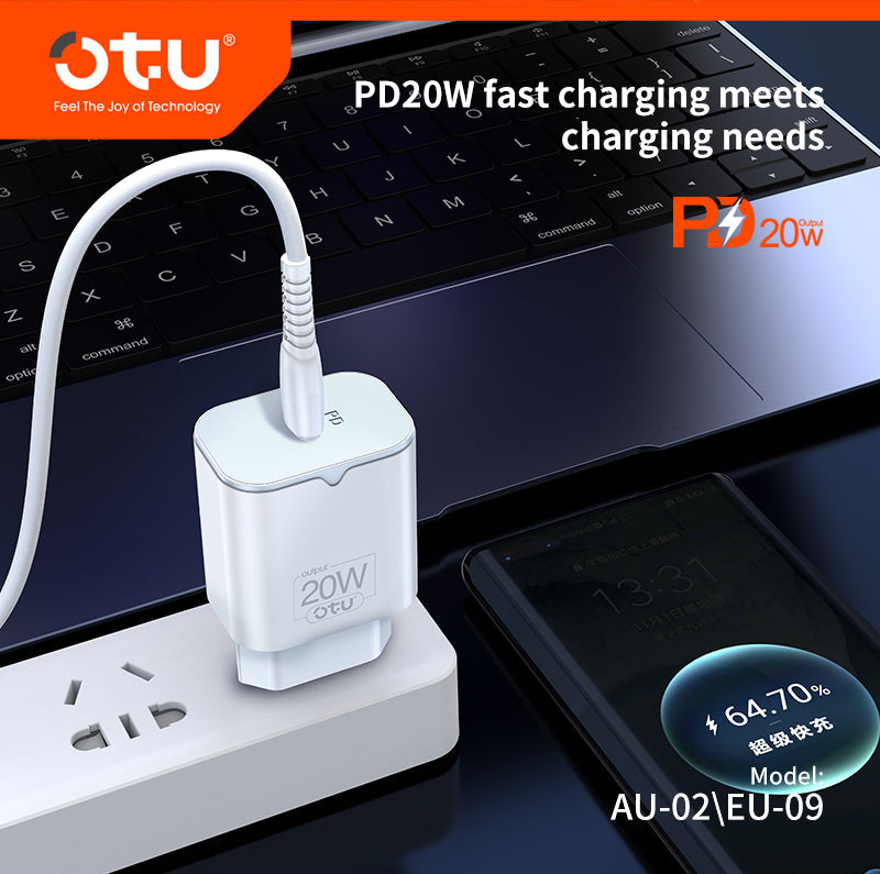 OTU AU02 20W Single-Port USB-C Fast Wall Charger with US/EU Plug — Safe & Compact PD Charger for iPhone & Android