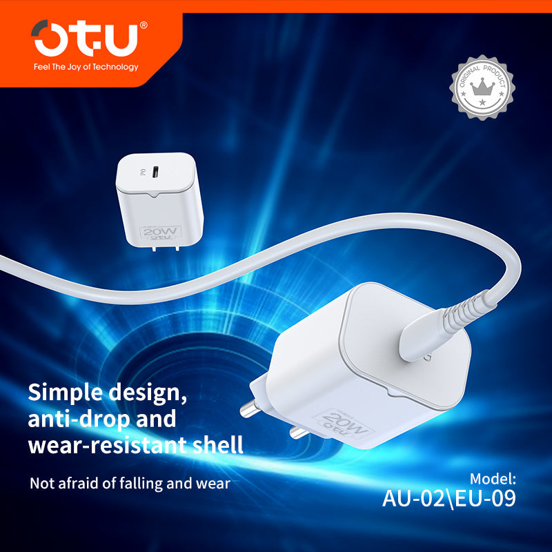 OTU AU02 20W Single-Port USB-C Fast Wall Charger with US/EU Plug — Safe & Compact PD Charger for iPhone & Android